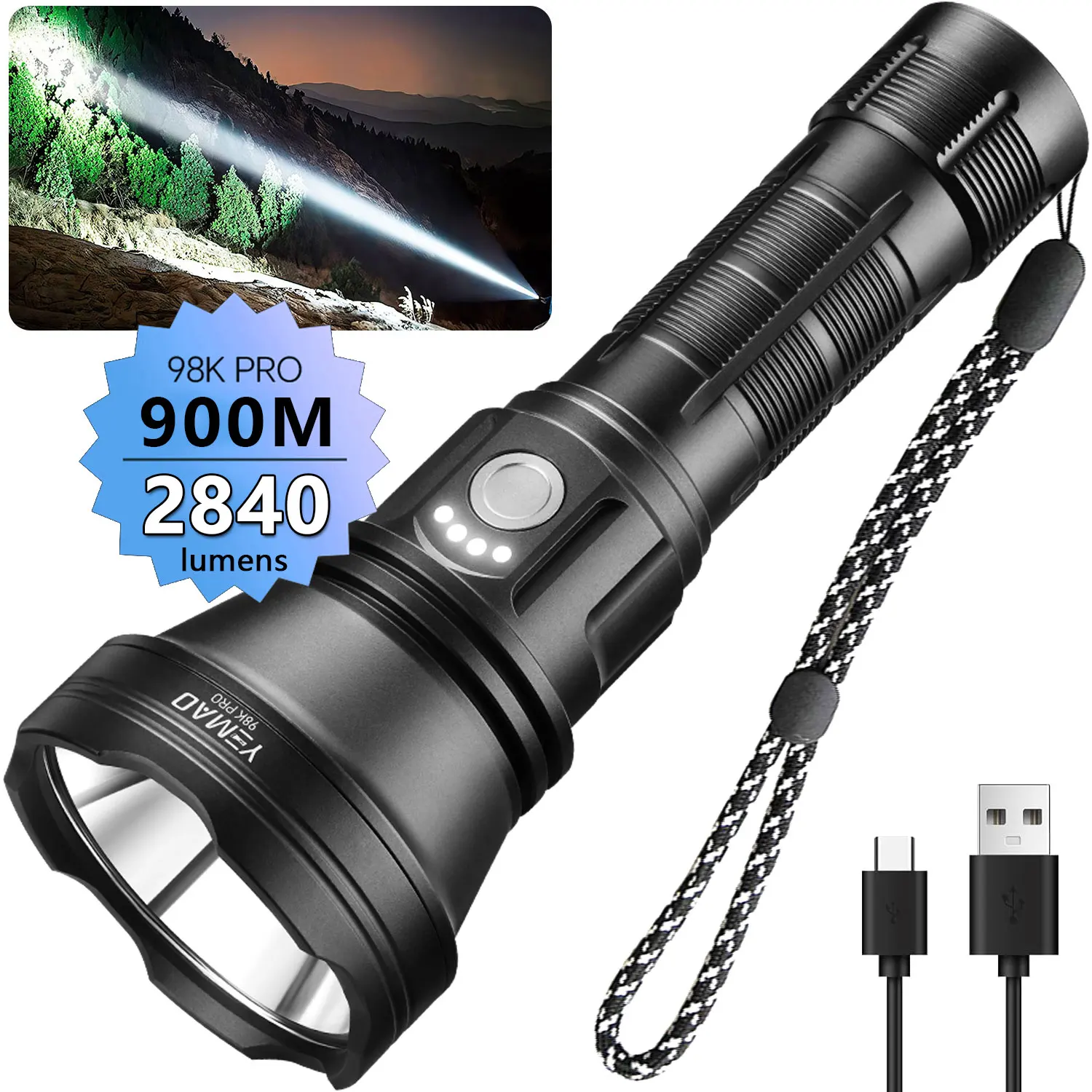 

YEMAO 98KPro High Power Flashlight 2840LM 21700 battery Rechargeable LED Lantern 6 Modes W/Memory 900m Range tactical Flash lamp