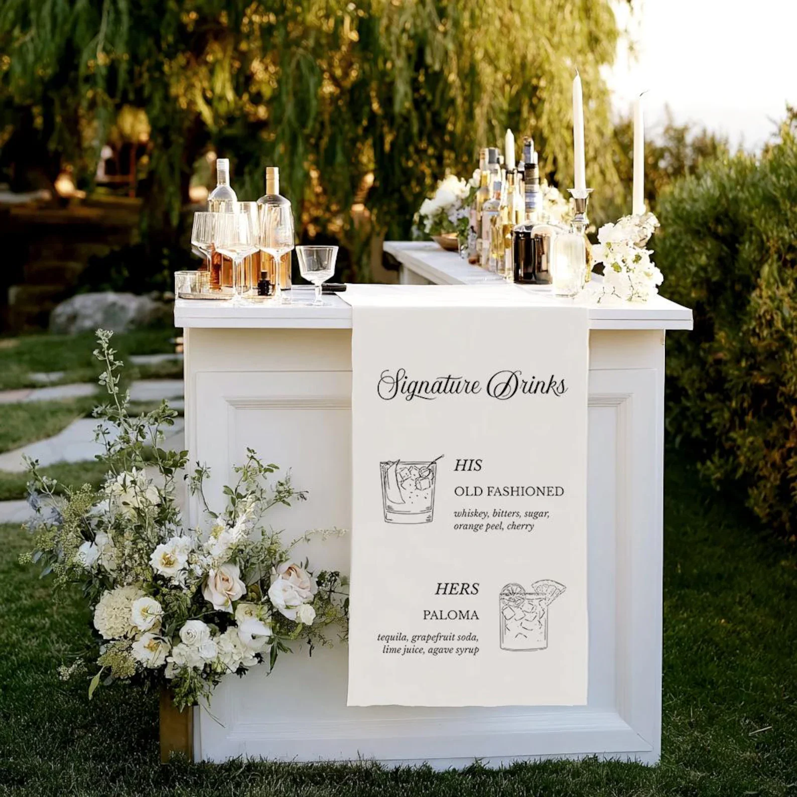 Custom Linen Wedding Bar Menu Banner Signature Drinks Table Runner for Rustic Modern Reception Party Decoration Sign