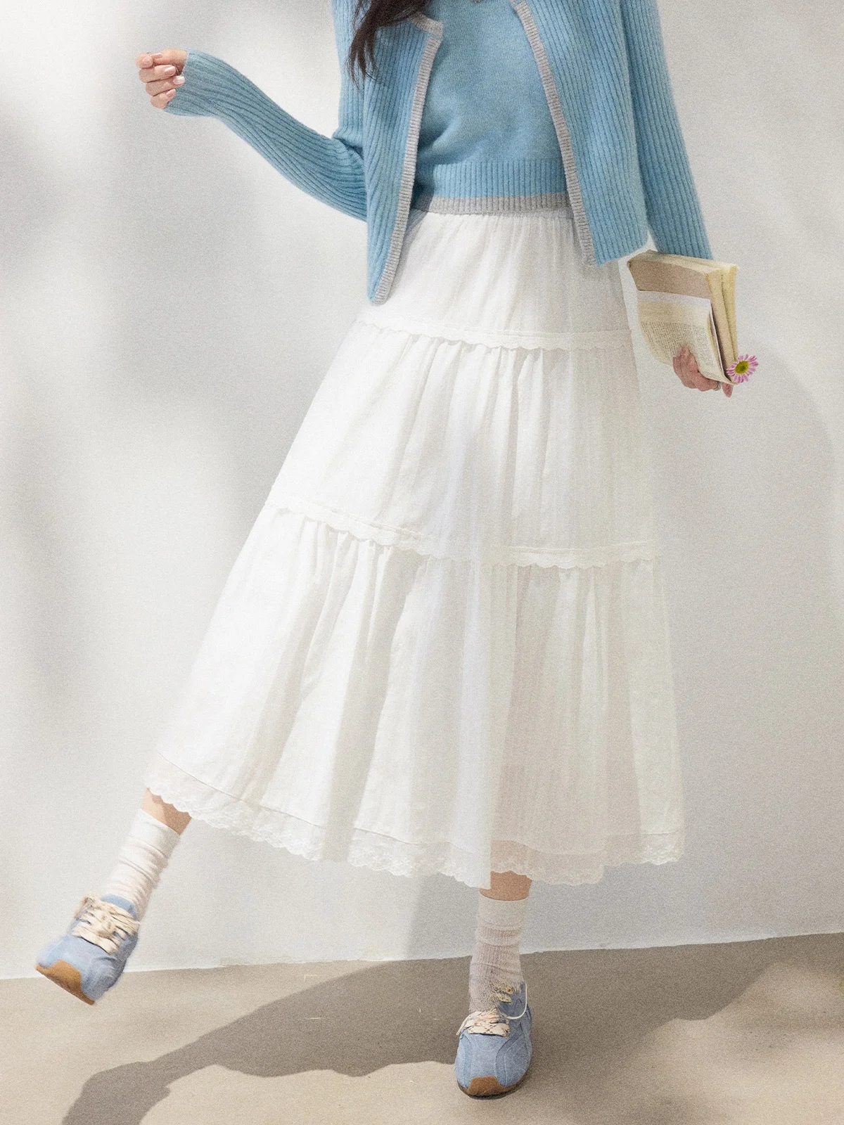 

Юбка с высокой талией и кружевом, женская белая пышная длинная юбка, корейская версия, однотонная, А-силуэт, для повседневной носки