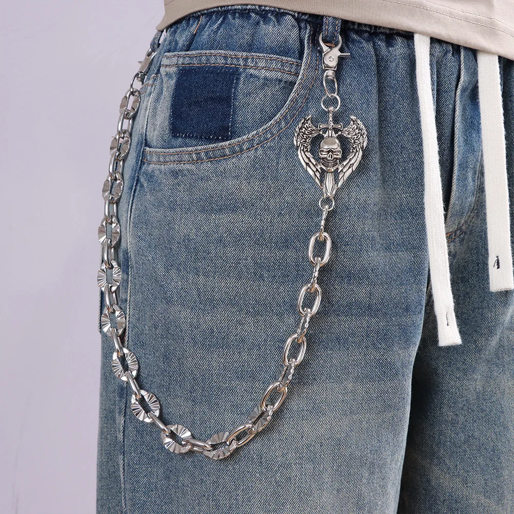 Punk Rock  Jeans Single layer Ghost Head Sunflower Pants ChainMetal Hip hop Wallet Pocket Keychains Men Fashion Accessories