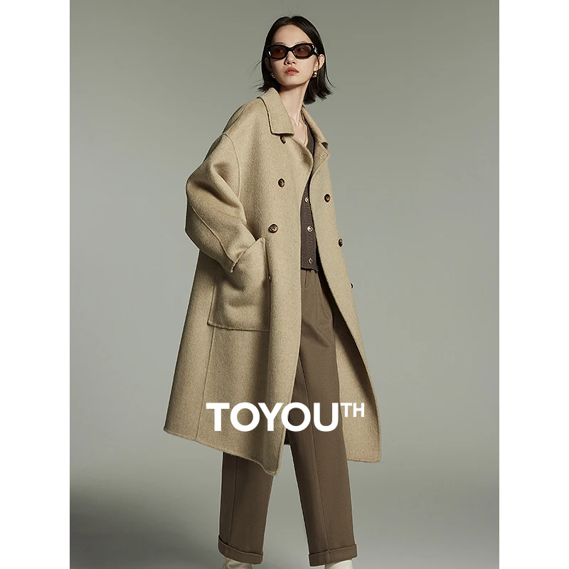 Toyouth Women Double Sided Woolen Coat 2023 Winter Long Sleeve Lapel Loose Overcoat Double Breasted Fashion Urban Khaki Outwear