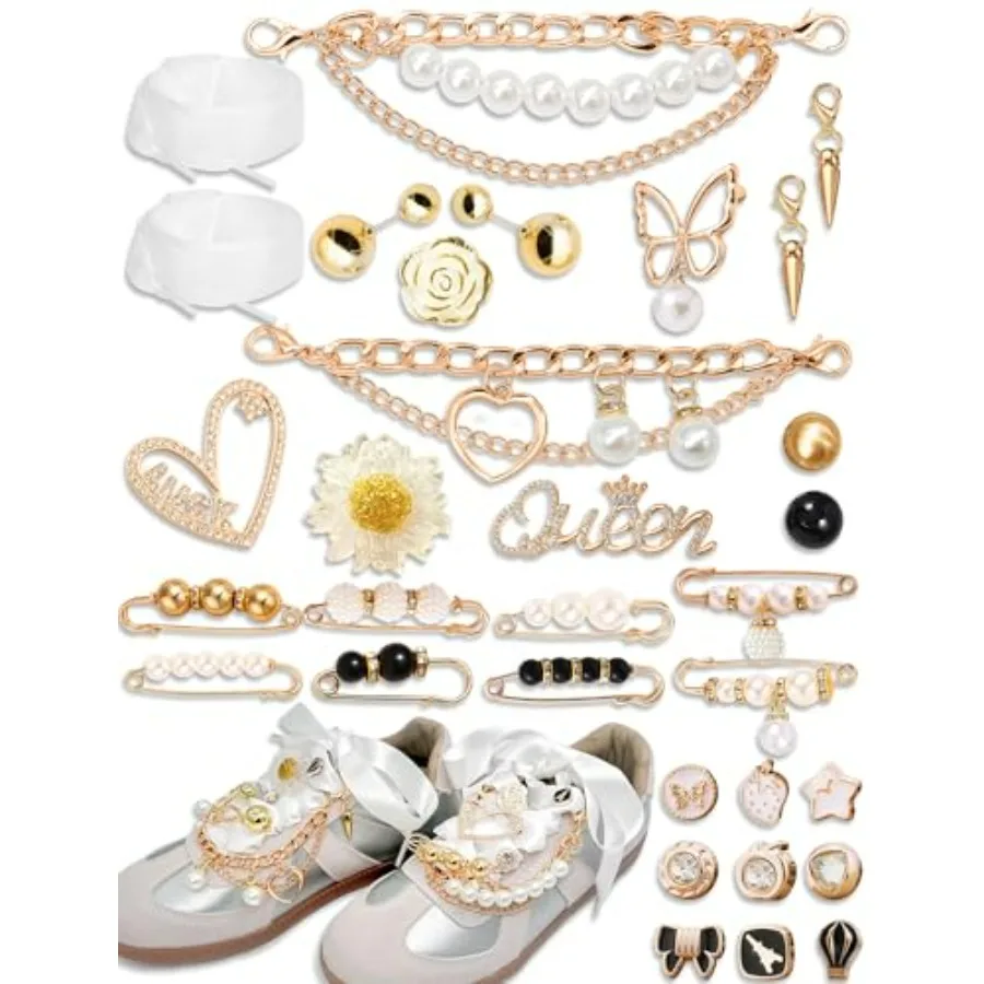 

Shoe Charms for Sneakers and Socks Stylish Pearl and Chains Shoe Accessories Kit with Ribbon Laces, Bows, Clips and Pins Trendy