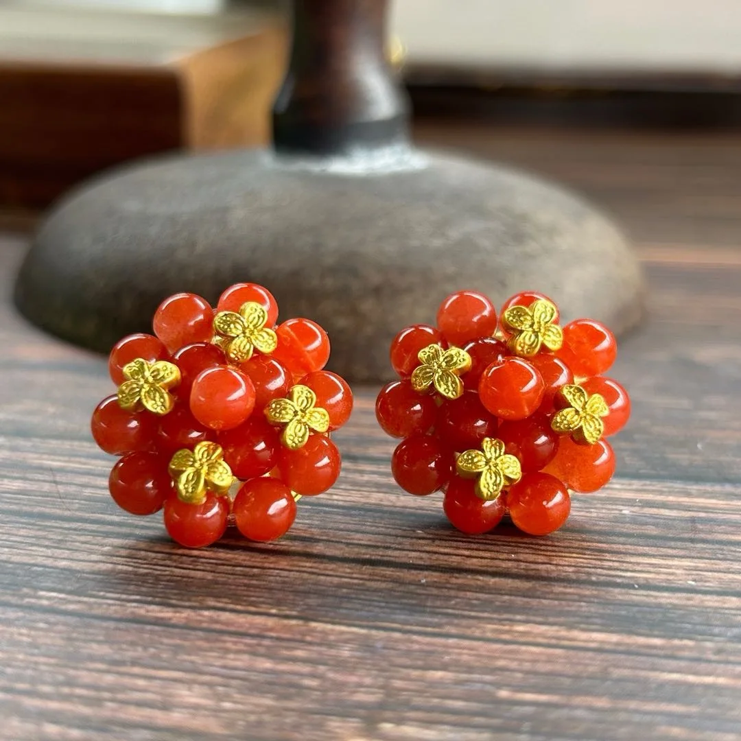 Medieval Italian grandma natural stone onyx West German ear clips Medieval jewelry hand-woven ear clips earrings