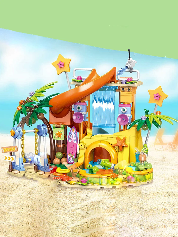 Amici Parco divertimenti estivo Campo da spiaggia Vacanza al mare Scivolo MOC Building Blocks Puzzle per bambini Giocattolo di assemblaggio per regali per bambini