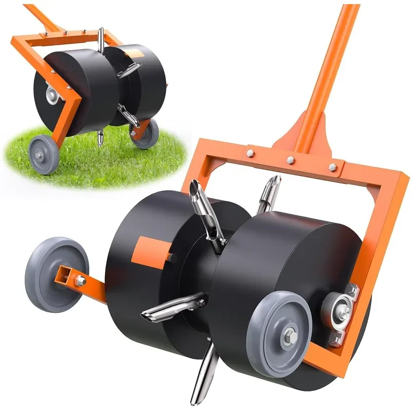 Manual Push Lawn Aerator with Hollow Teeth Rolling Grass Aerating Tool for Garden Soil Ventilation Heavy Duty Metal Spike