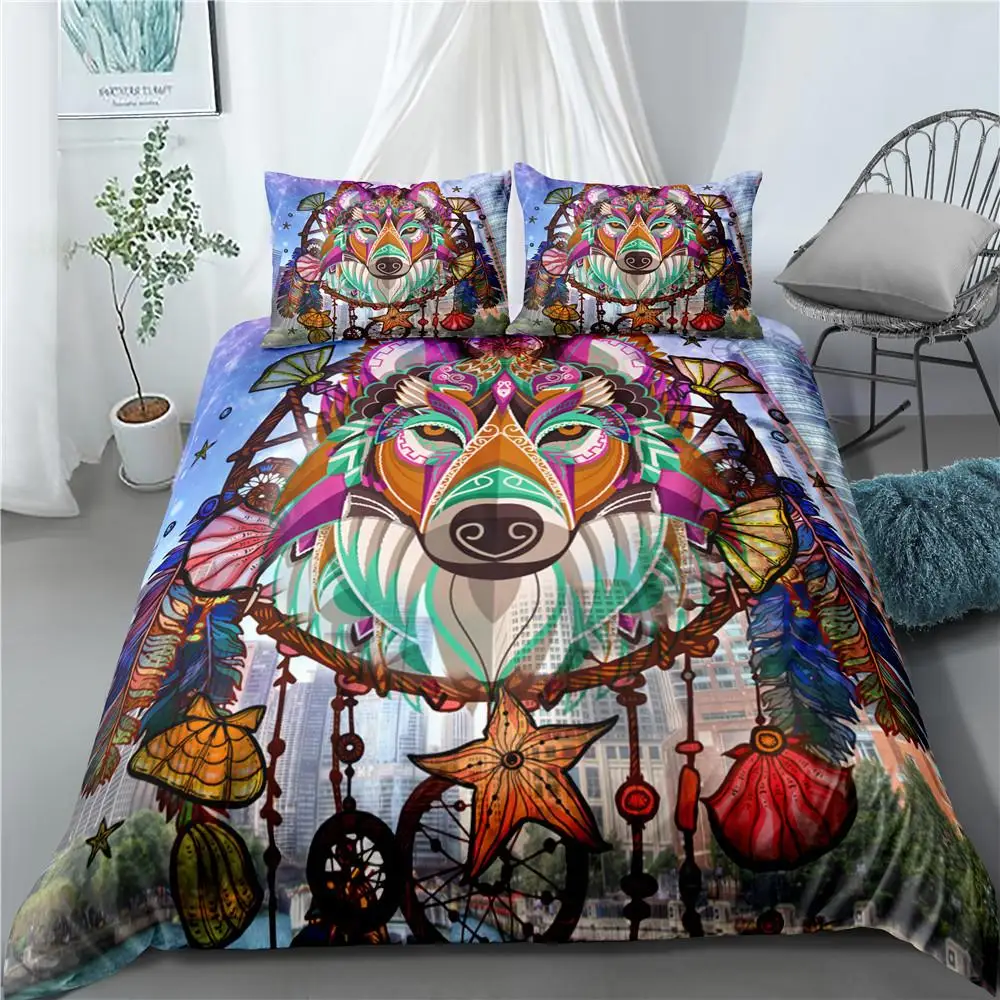 Animal Dream Catcher Duvet Cover Set White Wolf Purple Feather Bedding Set Microfiber 2/3pcs Comforter Cover for Kids Teen Adult