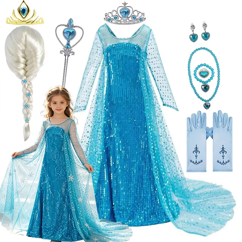 Elsa Kleid Cosplay Schneekönigin Prinzessinnenkleid Blaues Langarm-Paillettenkleid Kinderkleider Karneval Party Abendkleid Für Mädchen Vestidos