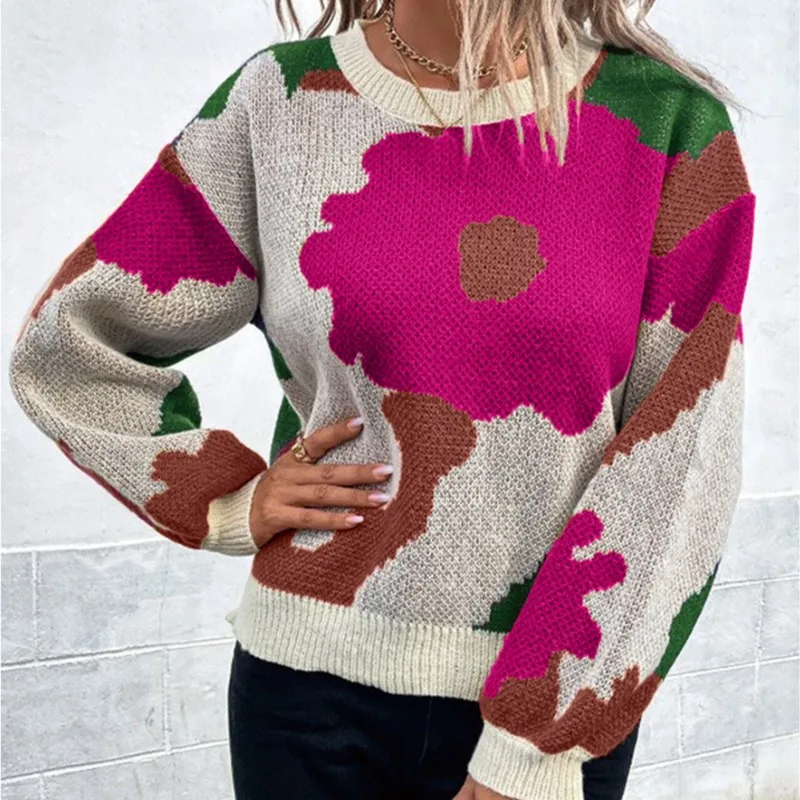 Flower Jacquard Knitted Sweaters Women Autumn O Neck Loose  Pullover Jumper Lady Daily Street Commute Knitted Sweaters