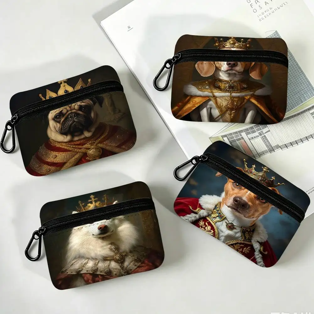 D-Dog-King-Royal-Animal Lightweight Oxford Fabric Coin Purse With Black Carabiner Hook Card Holder Earphone Storage Pouch