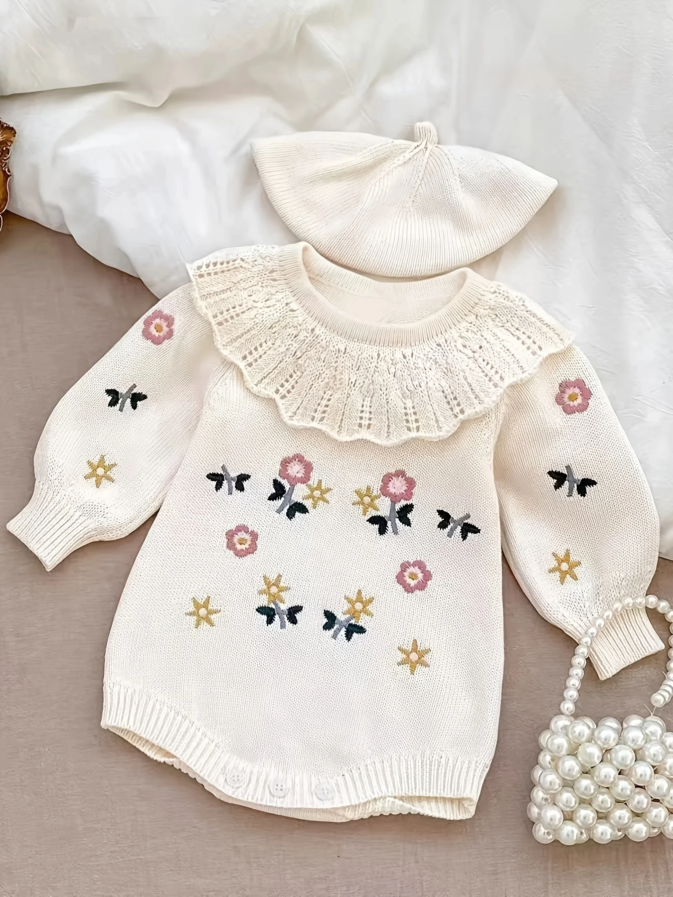 ملابس خريفية للأطفال، فتاة، حقيبة الأميرة، ملابس تريكو مطرزة، ملابس تريكو، فستان عمره 100 يوم، بذلة #5