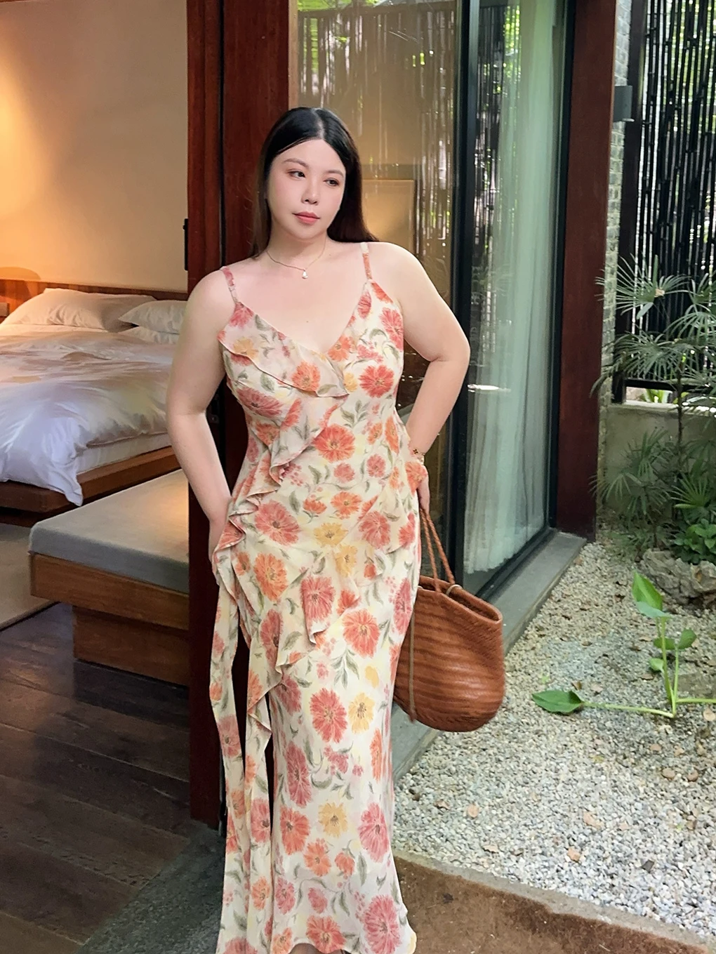 

Elegant Vacation Beach Sunset Slimming Strapless Floral Maxi Dress Women's plus Size Summer Gown V-Neck Long Skirt Dress