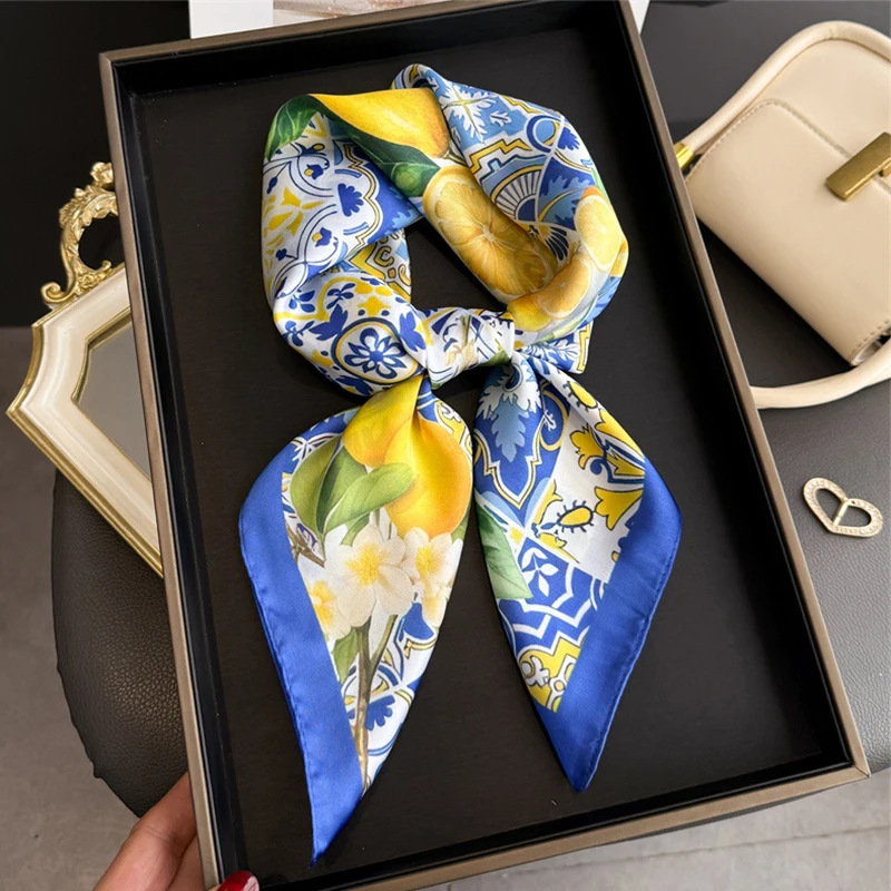 2026 New Fruit Print Square Scarf for Women Decorate Neck Ties Soft Satin Kerchief Lady Summer Beach Hijab Female Neckerchief