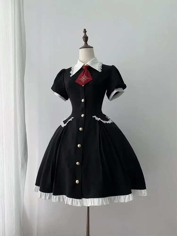 

Летнее платье в стиле Y2K Lolita, готическое темно-белое кружевное платье с отложным воротником и короткими рукавами, пышное платье в стиле ретро для женщин, платье принцессы в студенческом стиле