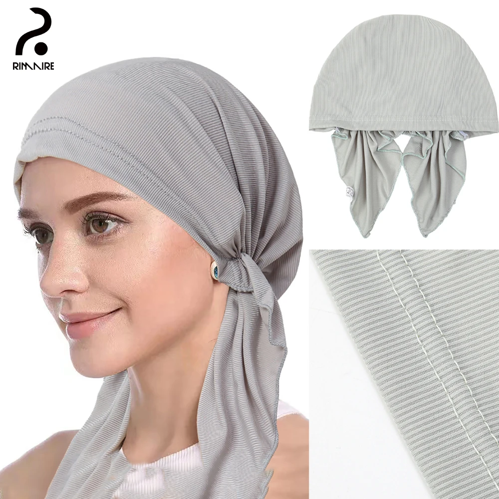 RIMAIRE Knitted Muslim Hijab Elastic And Convenient Islam Hijabs For Women Instant Headscarf Pure Color Headscarf With Two Tail