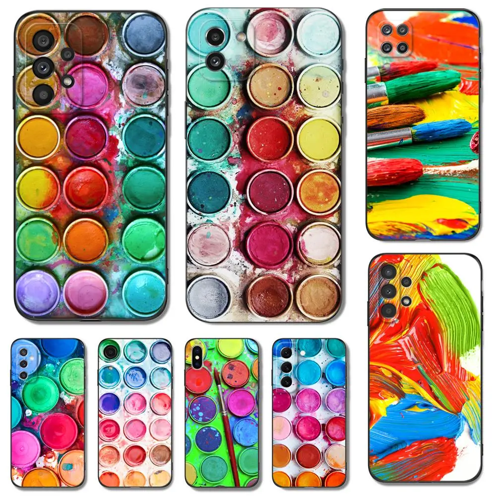 Black tpu Case For Samsung galaxy S23 S22 S20 S21 FE PLUS ultra+S10 E lite cover Colorful Watercolors Set Paint Palette