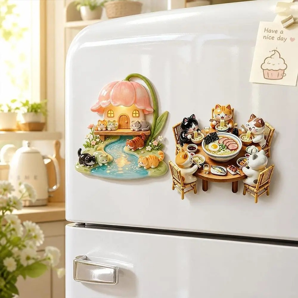 Cute Cat Theme Cat Fridge Magnet Simulation Cartoon Pattern Decorative Fridge Magnet Resin 3D Relief 3D Refrigerator Stickers