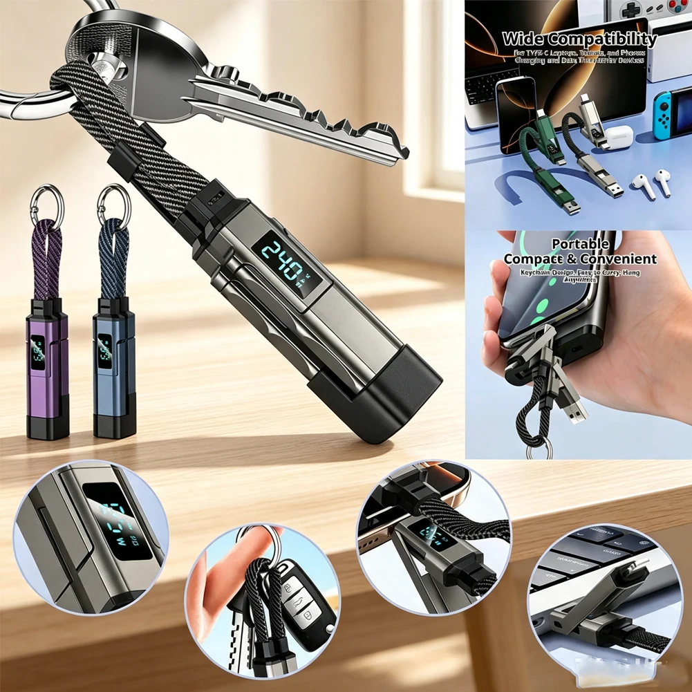 In Stock 4 in 1 65W Keychain Charging Cable USB C Cable/* with V/A/W Display Type C for/* Portable Cord for Laptop Mobile Phone