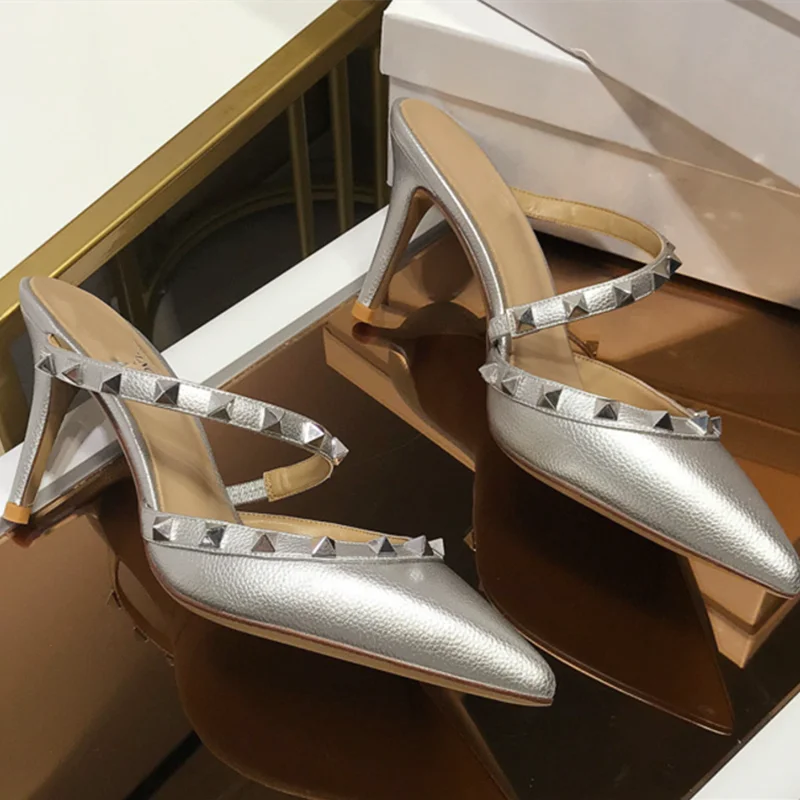 Ladies British And American Style Thin Heels Slides Front Closed Toe Shoes Cross Strap Lock Studs Silver Trendy Copy Slippers 41