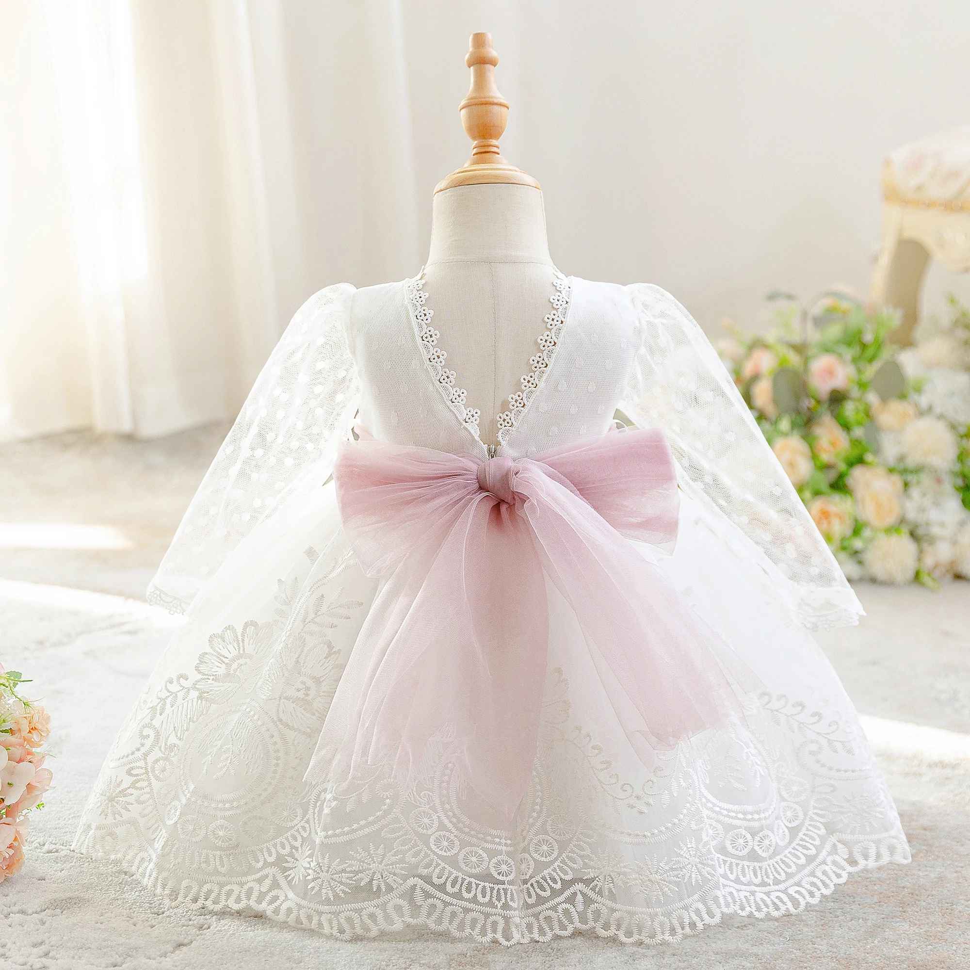 Toddler Long Sleeve Baptism Baby Girl Dress Elegant 1st Birthday Wedding Party Princess Dress Girls Bow Bridesmaids Prom Costume