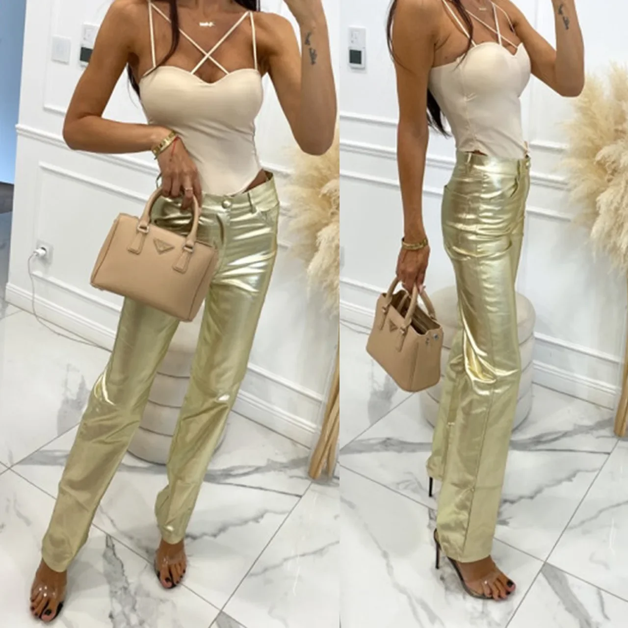 

Casual Solid Color Nightclub Style High Waist Street Straight Tight Pocket Pants Fluorescent Leather Pants-2024 Autumn Winter