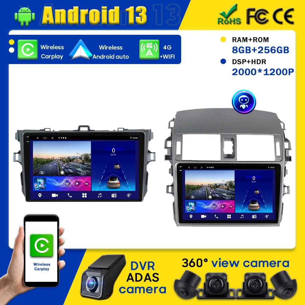 7862 CPU Car Android Radio Head Unit Multimedia For Toyota Corolla E140/E150 2006-2013 Carplay 4G Auto Navigation BT Player GPS