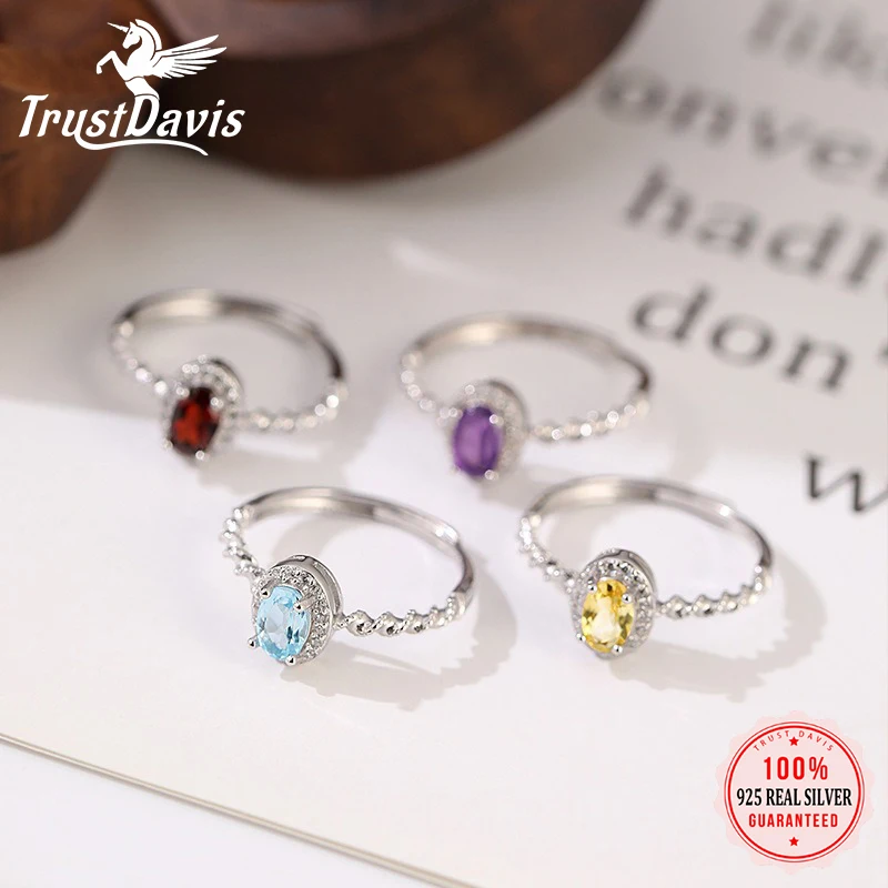 

TrustDavis 925 Sterling Silver Women's Fashion Sweet Natural Crystal Stone Adjustable Ring for Women Girls Jewelry Gift DS4422