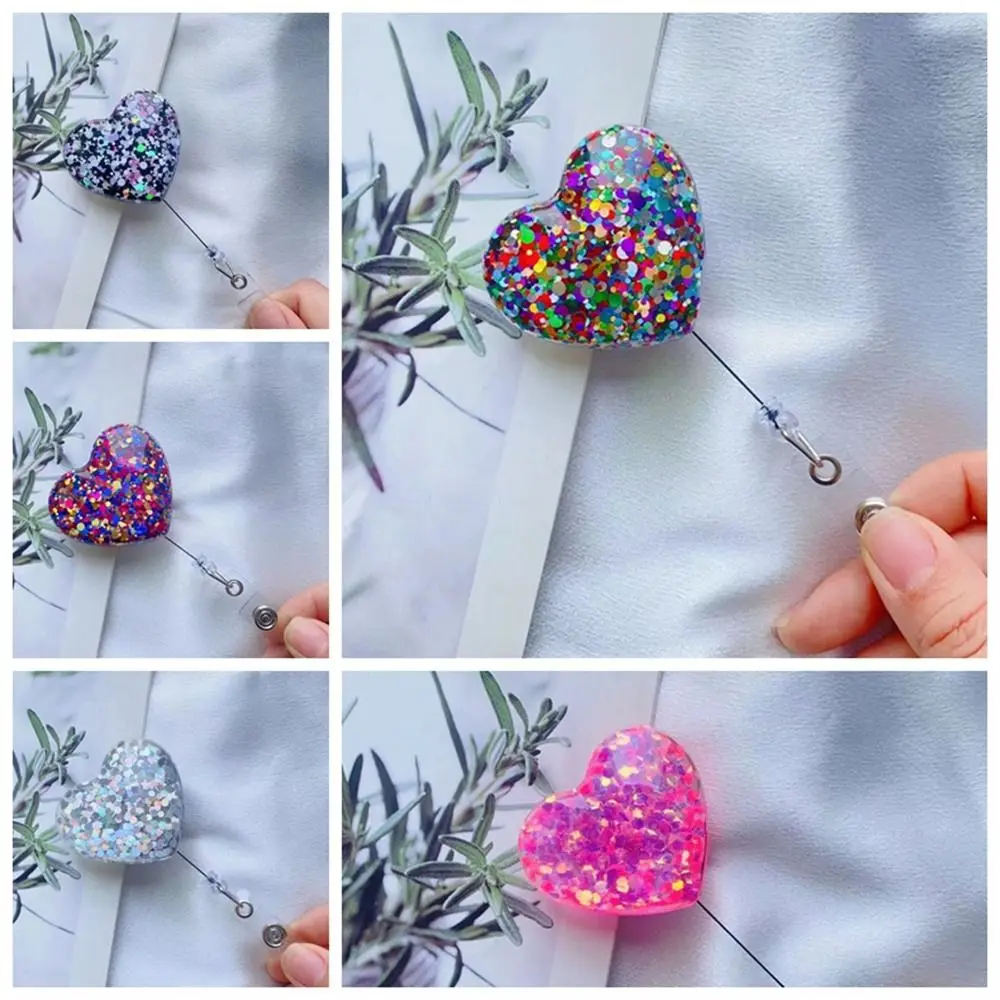 Love Heart Retractable Badge Holder Alligator Swivel Clip Bling Glitter Nurse Badge Reel 360 Rotating Exhibition Card