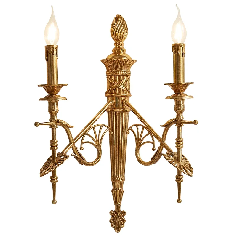 #French wall lamp European luxury villa retro living room dining room study bedroom bedside lamp classical all copper wall lamp