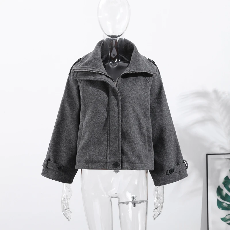 Elegante Wolljacke mit Stehkragen für Damen, Lose Passform, Lange Ärmel, Einreihig, mit Reißverschluss, Damenjacke, Herbst-Winter-Oberbekleidung 2026 – Detail 6