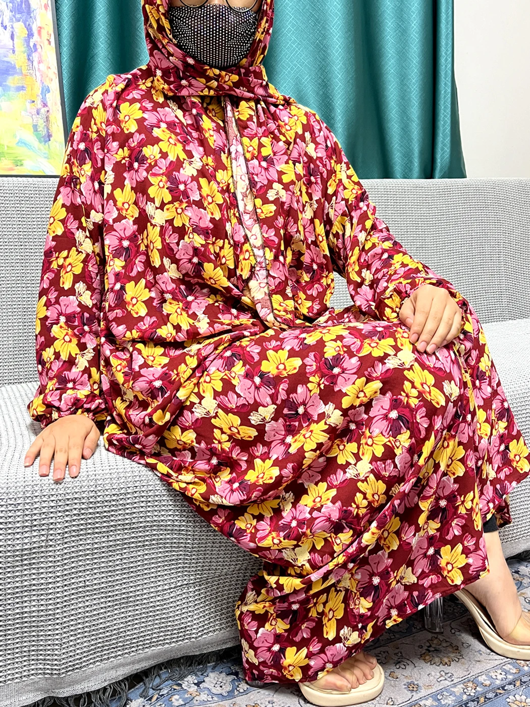 Conjuntos de Ramadán musulmán para mujer, ropa de oración, estampado Floral, algodón, manga larga, bata suelta, Hijab cerrado