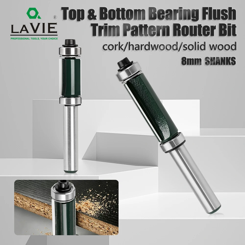 LAVIE 8mm Shank Top & Bottom Bearing Flush Trim Router Bit, Carbide Wood Template Milling Cutter For Edge Trimming 13mm-38mm
