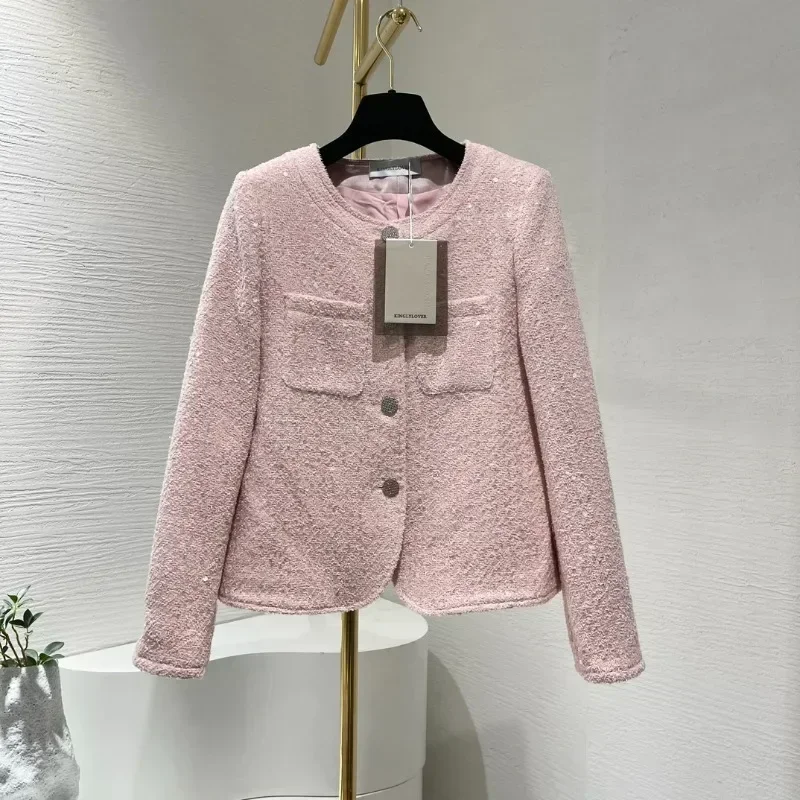 Office Lady 2024 New Arrivals Pink Sparkling Silver Button Round Neck Women Tweed Jacket