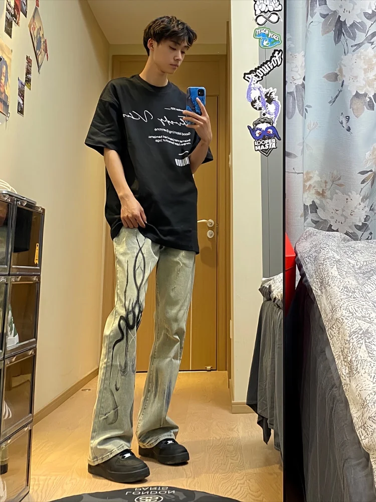 

Мужские джинсы AERO High Street с американской талией, расклешенные длинные брюки с пламенными остатками, повседневные свободные леггинсы, молодежная мода