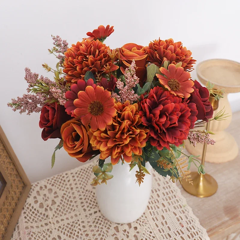 

Artificial Flowers Autumn Roses Silk Hydrangea Daisies Home Table Bouquet Decoration Wedding Bridal Christmas Fake Flower Decor