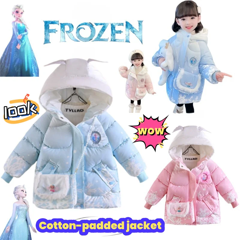 Frozen Elsa Anna mercancía de la película abrigo acolchado para niñas dulce y encantadora chaqueta de algodón de longitud media cálida y resistente al viento de invierno