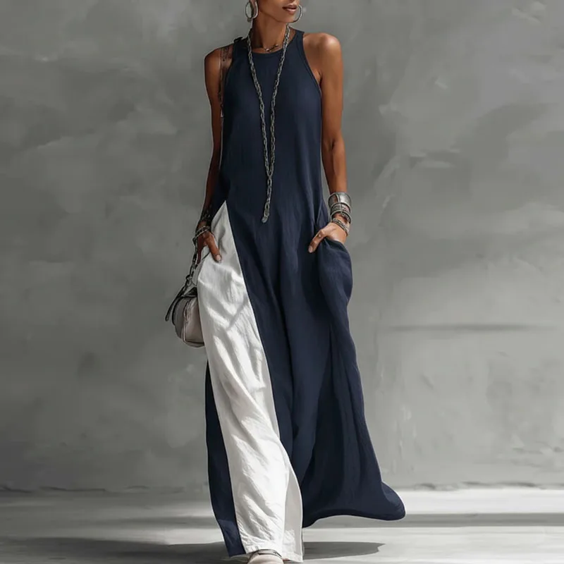 Casual mouwloze zomer Boho vakantie maxi-jurk vrouw sexy O-hals contrasterende kleur lange jurk lente zak A-lijn feestjurken