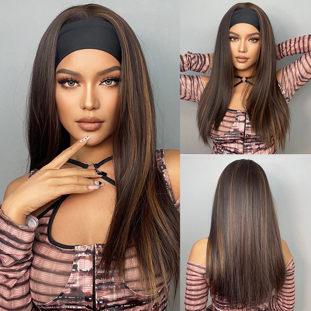 

Long Straight Brown with Blonde Highlight Headband Wigs for Women Heat Resistant Cosplay Daily Use Natural Party Hair