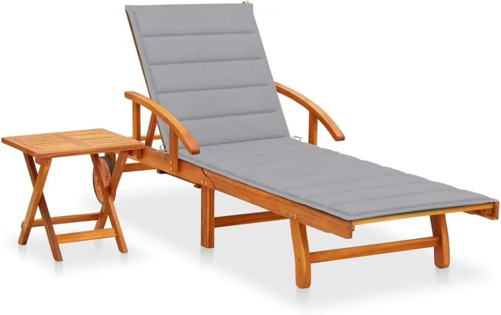 Folding Sun Lounger with Table and Cushion Foldable Patio Chaise Lounge with Wheels Adjustable Outdoor Sunlounger