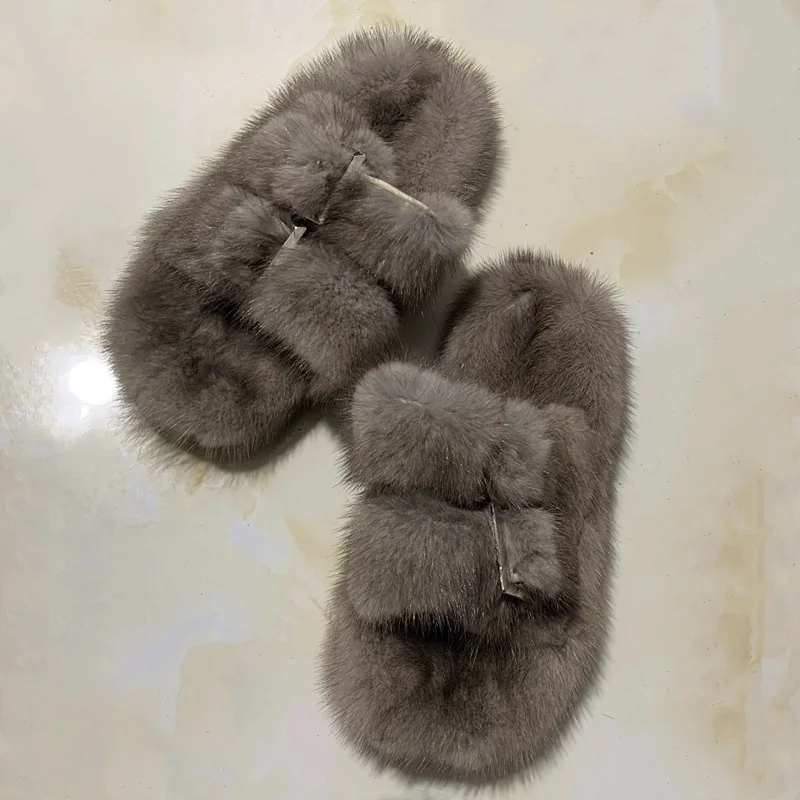 Women Fashion Style Luxury Real Mink Fur Slides Winter Warm Thick Fluffy Mink Fur Slippers For Ladies