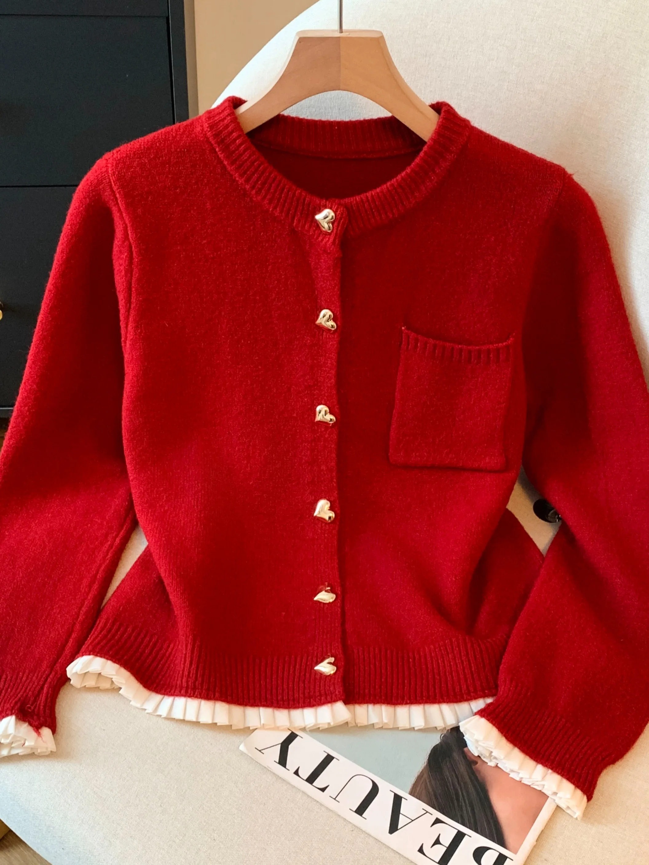 

Красный вязаный свободный женский свитер, пальто с деревянным рисунком ain, ранний осенний дизайн, открытый кардиган, корейский Sle для поездок на работу