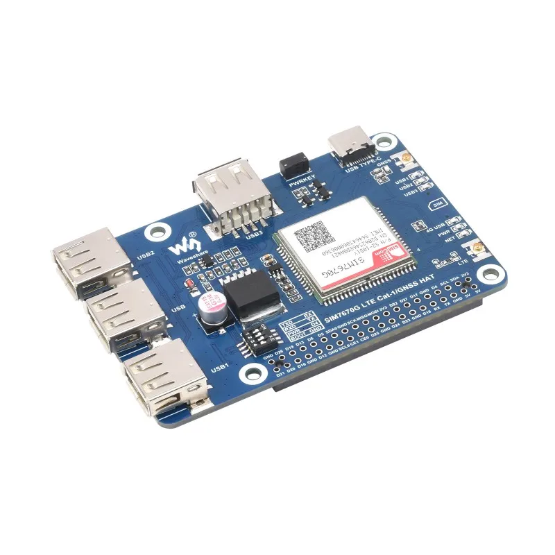 Cat-1/GNSS HAT for Raspberry Pi, Based On SIM7670G module, Global Multi-band LTE 4G Cat-1 support, GNSS positioning, 3x USB 2.0