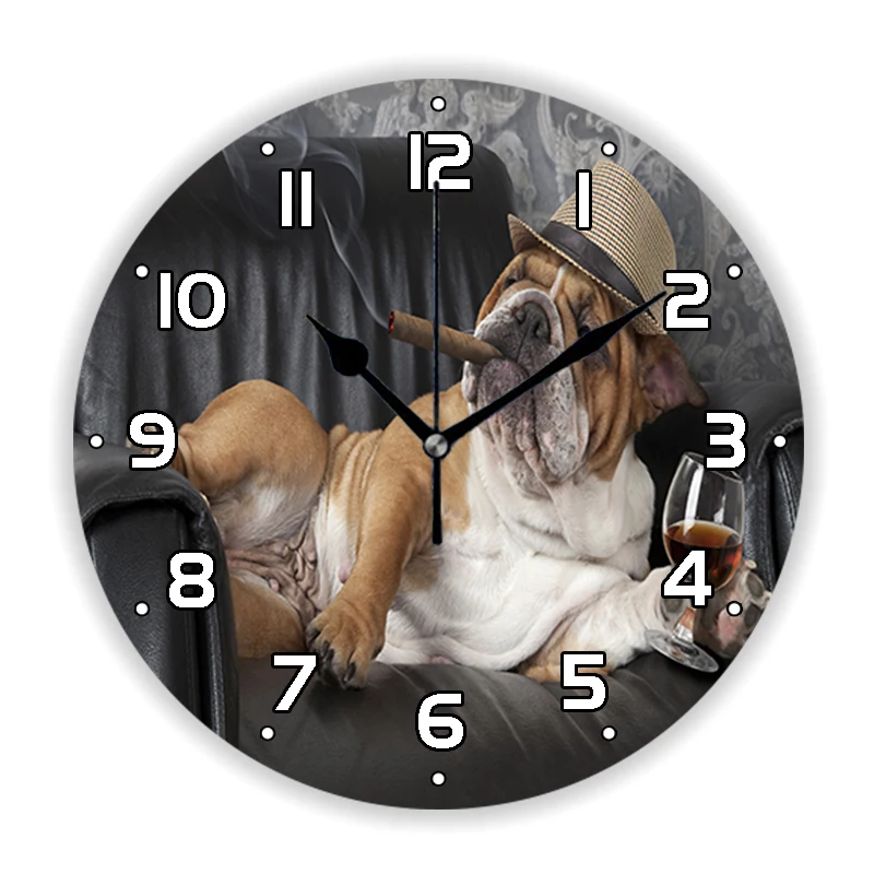 3D Funny Portrait of Smoking English Bulldog Wall Clock for Dog Lover Living Room Bulldog with Cigar Wall Watch Home Decor Gift