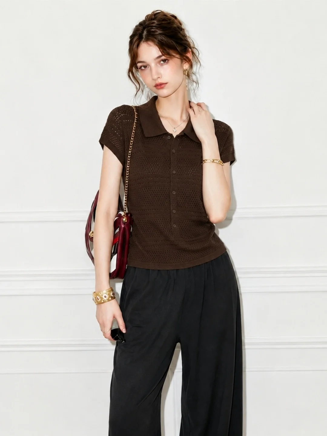 Elegant Hollow out Short Sleeve Ice Silk Knitted Top Women's Fashionable Summer Shirt Versatile Simple Straight Cut Soft Fabric
