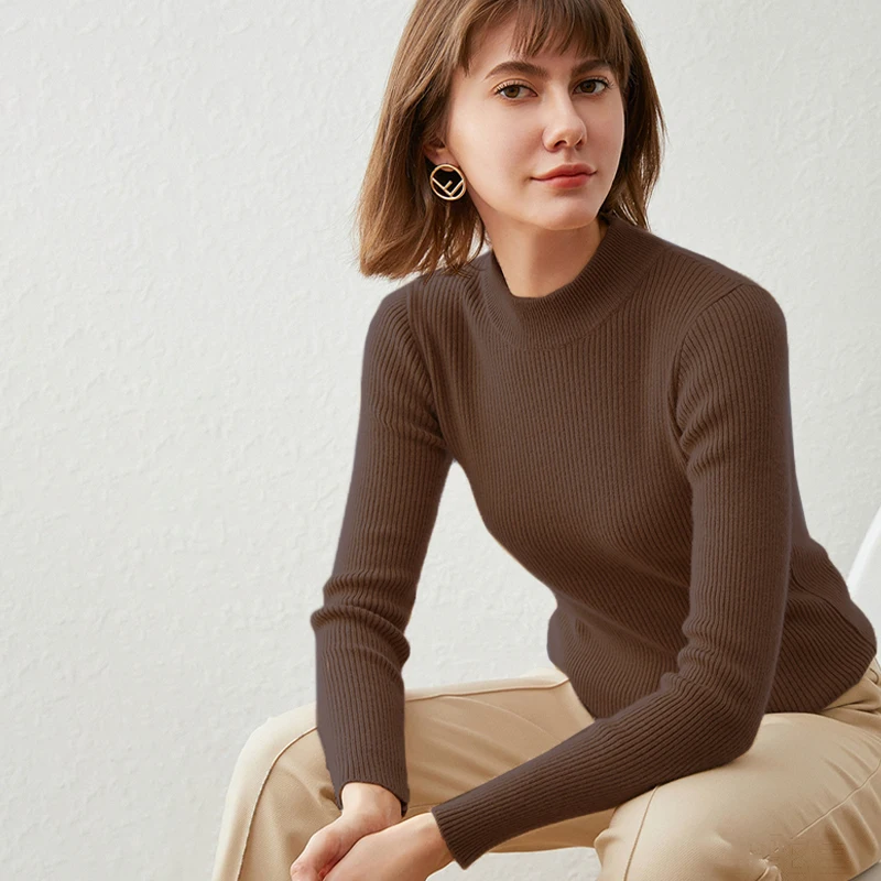 Korean Solid Color Half Turtleneck Long Sleeve Versatile Slim Knitted Sweater For Women