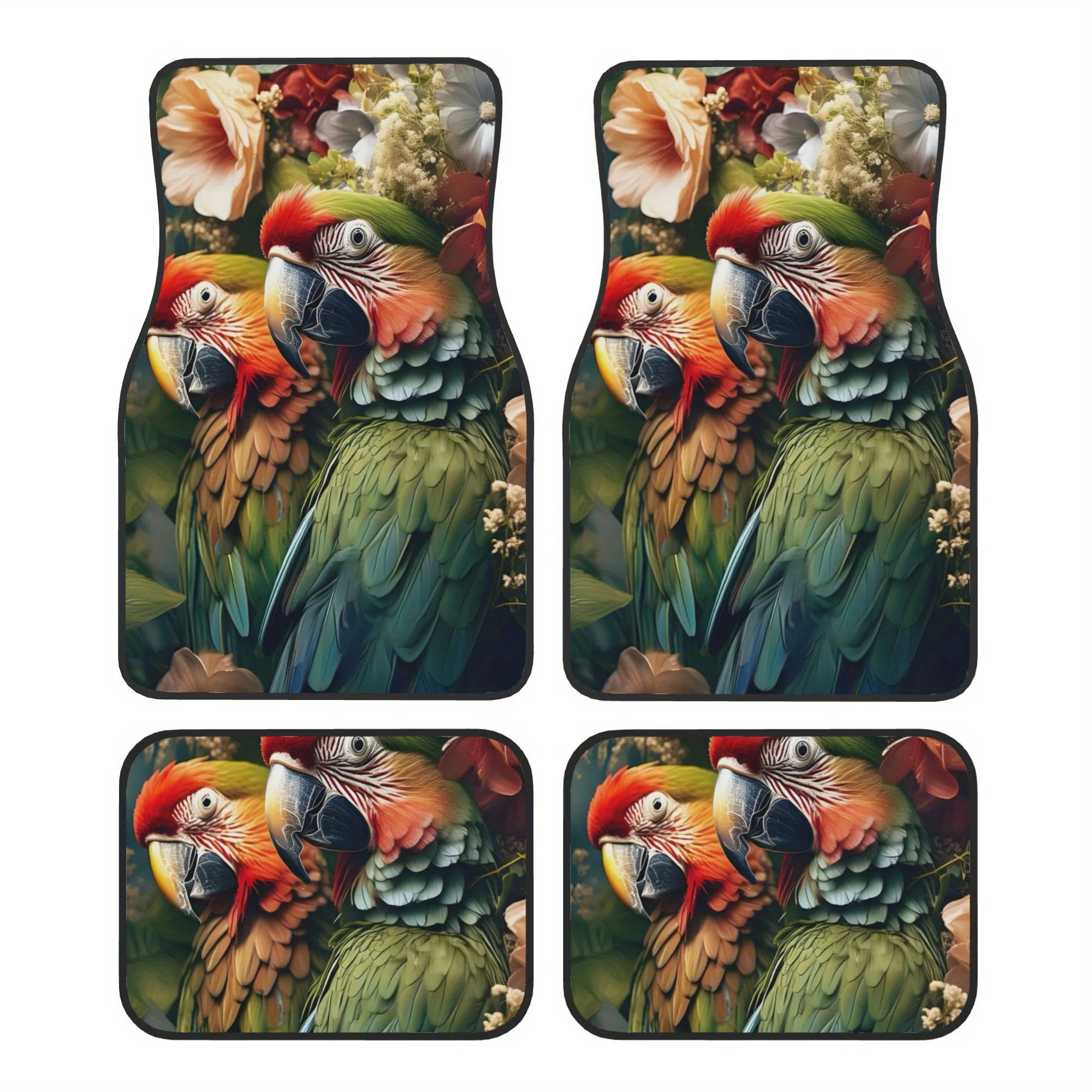 4pcs Multicolored Parrots Sitting On A Branch Of A Tree With Flowers Pattern Universal Car Floor Mats - Material, Non-Slip Liner