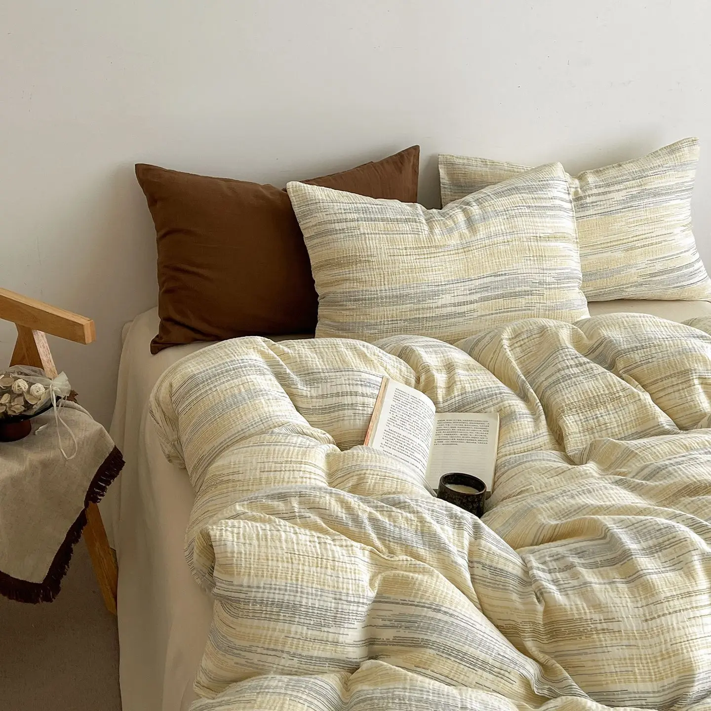 3/4Pcs Bedding Set Japanese Minimalism Futon Set Striped Bed Linen Complete Teen Bedrooms Cotton Flat Bed Sheet Four-Season