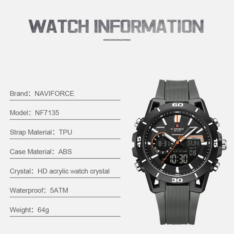 NAVIFORCE 2026 Leisure Sports Men's Double-Display Watch Luminous Hands Countdown Watch Waterproof Men's Timing Alarm Clock