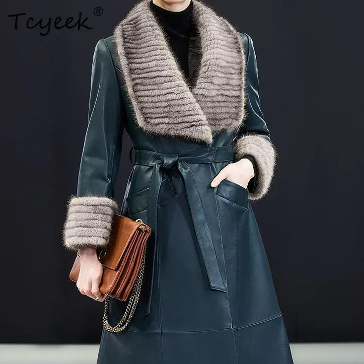 Tcyeek Pelle di pecora Autunno Inverno High End Abito alla moda Collo in pelliccia di visone Giacca in vera pelle da donna di media lunghezza Jaqueta Couro