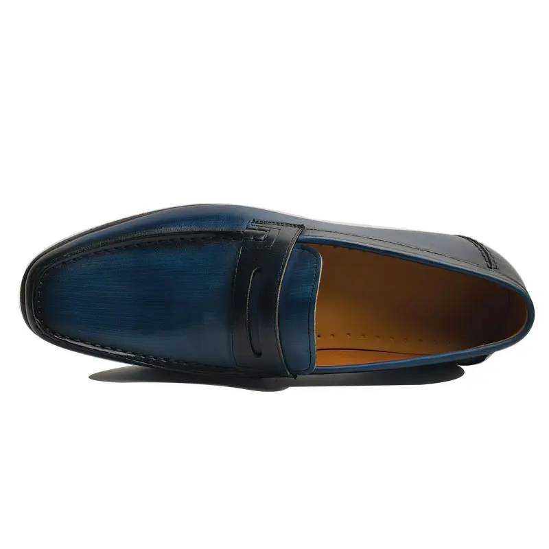 Trendy Blue Men's Leather Shoes Breathable Spring Summer Office Dress Casual Slip-on Loafers Anti-Slippery One Step Loafers Shoe