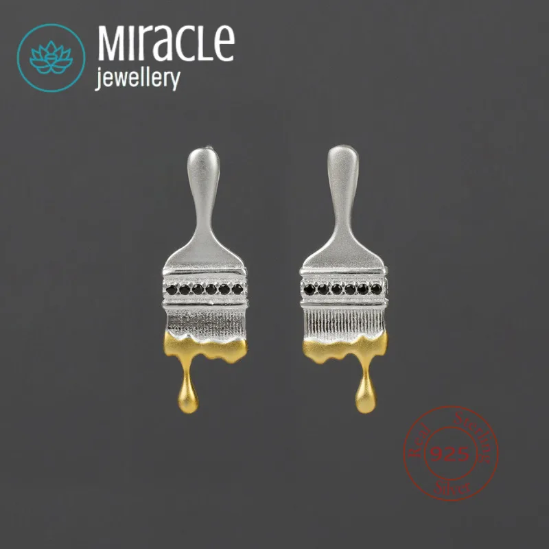 Miracle Sterling Silver 925 Original Design Refreshing Art Student Oil Painting Brush Small Cute Fun Exquisite Stud Earrings